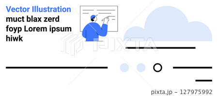 Man instructing with pen on screen, cloud symbol in background, text sections, various UI elements. Ideal for education, online learning, cloud storage, communication, content creation, virtual 127975992
