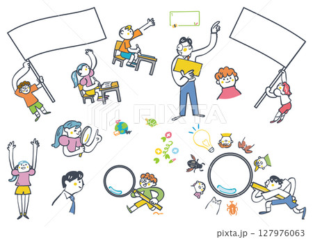 発見して旗を振って勉強するぞ　学習塾　セットのイラスト素材 127976063