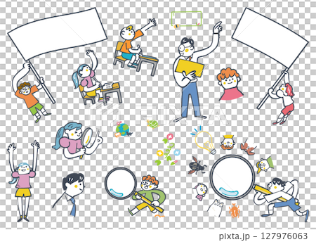 発見して旗を振って勉強するぞ　学習塾　セットのイラスト素材 127976063