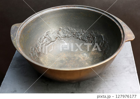 Damaged Interior of a Pot: Peeling, Cracking, and Bubbling of Non-Stick Coating Revealed 127976177