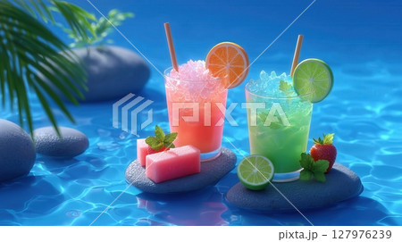 Colorful summer drinks with ice and fruit by clear blue water Colorful summer drinks with ice and fruit by clear blue water 127976239