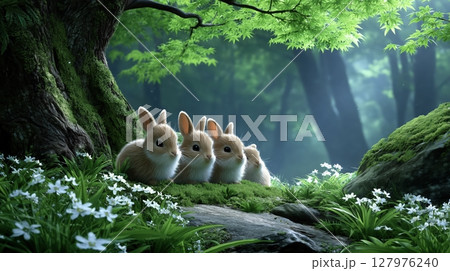 Group of baby rabbits resting on moss under tree in green forest Group of baby rabbits resting on moss under tree in green forest 127976240