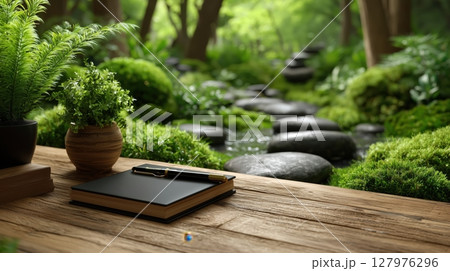 Wooden desk with a notebook and plants overlooking a tranquil forest stream 127976296