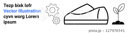 Gear mechanisms, a shoe silhouette, and a small plant sprout on white backdrop. Ideal for technology, innovation, mechanical engineering, footwear industry, sustainability, growth concepts Gear mechanisms, a shoe silhouette, and a small plant sprout on white backdrop. Ideal for technology, innovation, mechanical engineering, footwear industry, sustainability, growth concepts 127976541