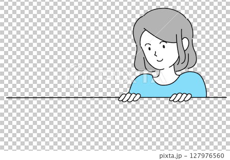 Vector illustration of a smiling woman peering down from above and looking down at something Vector illustration of a smiling woman peering down from above and looking down at something 127976560