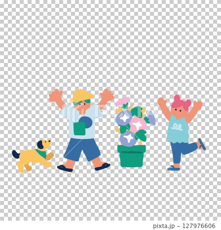 夏休みの子供　手書きのフラットでカラフルなイラスト 127976606