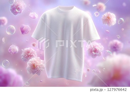 洗濯石鹸の泡とピンク色の花に包まれた白いTシャツ。洗剤や柔軟剤広告向けイメージ素材 127976642