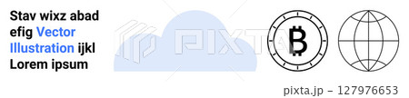 Cloud icon, Bitcoin symbol, globe grid with text snippets. Ideal for tech, finance, cloud storage, cryptocurrency, globalization, technology concepts, and online services. Landing page Cloud icon, Bitcoin symbol, globe grid with text snippets. Ideal for tech, finance, cloud storage, cryptocurrency, globalization, technology concepts, and online services. Landing page 127976653