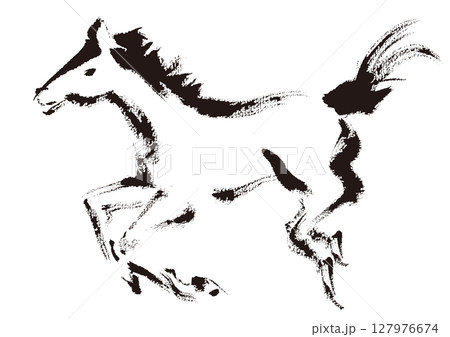 年賀状 デザイン用　走る馬の手書き和風筆イラスト 127976674