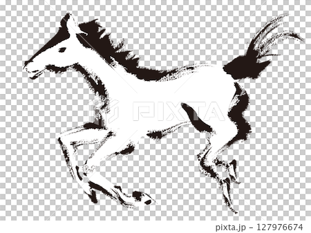 年賀状 デザイン用　走る馬の手書き和風筆イラスト 127976674