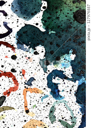 Vibrant Explosion of Multicolour Rainbow Watercolour Paint Splatters and Circles Spots on White Background 127976887