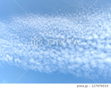 Pretty blue sky with bubble style white clouds floating atmosphere gentle skyscape 127976919