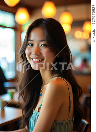 カフェバーで自撮りする若い女性　実況　生配信　インスタ映え　 [AI生成画像] 127976927