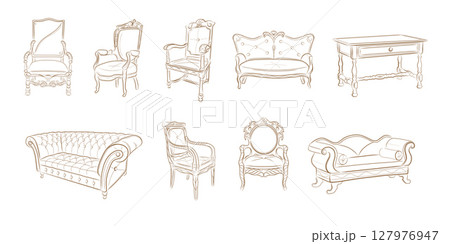 Upholstered furniture for home.Antique.Set of chairs, sofas, tables.3D illustration. Upholstered furniture for home.Antique.Set of chairs, sofas, tables.3D illustration. 127976947