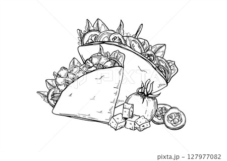 Monochrome two folded tortillas filled with vegetables, tomato slices, cucumber, and cheese cubes vector illustration. Traditional Mexican fast food for menu, food packaging, cookbook, healthy eating. 127977082