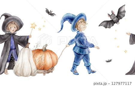 Seamless banner or border for Halloween with wizard in a hat and cloak with a magic wand with stars and pumpkin. Hand drawn fantasy illustration for kids' design 127977117