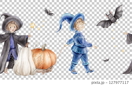 Seamless banner or border for Halloween with wizard in a hat and cloak with a magic wand with stars and pumpkin. Hand drawn fantasy illustration for kids' design Seamless banner or border for Halloween with wizard in a hat and cloak with a magic wand with stars and pumpkin. Hand drawn fantasy illustration for kids' design 127977117