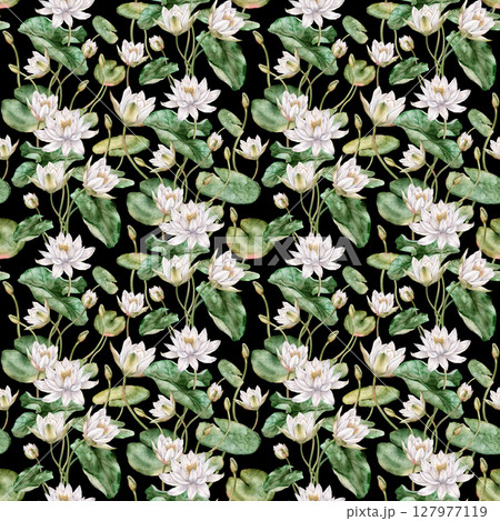 Seamless watercolor pattern featuring delicate white water lilies with green leaves. Hand-drawn lotus flowers on an isolated background, perfect for textiles and wrapping paper. Seamless watercolor pattern featuring delicate white water lilies with green leaves. Hand-drawn lotus flowers on an isolated background, perfect for textiles and wrapping paper. 127977119
