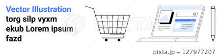 Laptop with open internet browser, shopping cart, and stylus pen. Ideal for e-commerce, online shopping, digital marketing, web design, retail, technology trends. Banner for landing page 127977207