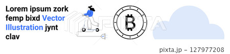 Person riding an electric scooter, Bitcoin symbol, and a cloud icon. Ideal for urban technology, finance, digital currency, cloud storage, smart transportation, fintech, and modern lifestyle. Landing 127977208