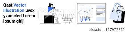 Woman using smartphone shopping, shopping cart, a data analytics dashboard, and shopping bags. Ideal for online retail, e-commerce platforms, digital marketing, data analysis, customer insights, user Woman using smartphone shopping, shopping cart, a data analytics dashboard, and shopping bags. Ideal for online retail, e-commerce platforms, digital marketing, data analysis, customer insights, user 127977232