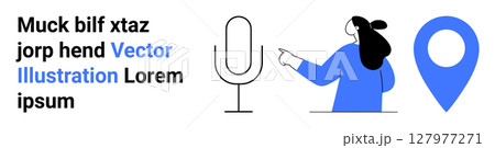 Woman pointing at microphone location pin beside her. Ideal for digital content, podcasts, navigation apps, marketing, education, social media, presentations. Banner for landing page Woman pointing at microphone location pin beside her. Ideal for digital content, podcasts, navigation apps, marketing, education, social media, presentations. Banner for landing page 127977271
