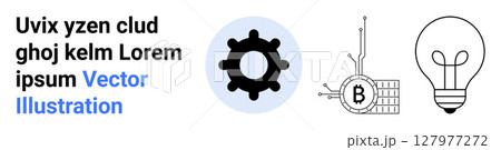 Bitcoin symbol circuit, gear on blue circle, lightbulb outline. Ideal for cryptocurrency, fintech, technology innovation, blockchain, digital assets, tech startups, fintech blogs. Landing page 127977272