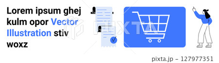 Shopping cart, documents, and woman reviewing data. Ideal for e-commerce, business reports, data analysis, online shopping, digital transactions, productivity tools, marketing strategies. Landing 127977351