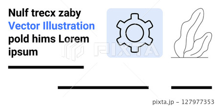 Gear symbol in blue square, minimalistic plant drawing, black text blocks. Ideal for websites, tech blogs, productivity apps, educational materials, business presentations, infographics, and UIUX 127977353