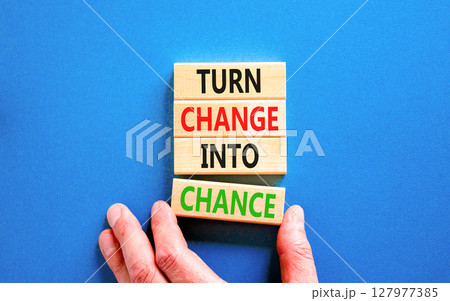 Turn change into chance symbol. Concept words phrase Turn change into chance on beautiful wooden blocks. Beautiful blue paper background. Business Turn change into chance concept. Copy space. 127977385