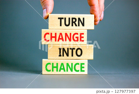 Turn change into chance symbol. Concept words phrase Turn change into chance on beautiful wooden blocks. Beautiful grey paper background. Business Turn change into chance concept. Copy space. Turn change into chance symbol. Concept words phrase Turn change into chance on beautiful wooden blocks. Beautiful grey paper background. Business Turn change into chance concept. Copy space. 127977397