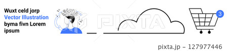Head thinking concept, digital cloud storage, shopping cart with notification badge. Ideal for e-commerce, cloud computing, retail technology, online shopping, digital storage, customer Head thinking concept, digital cloud storage, shopping cart with notification badge. Ideal for e-commerce, cloud computing, retail technology, online shopping, digital storage, customer 127977446
