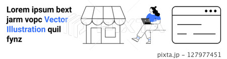 Shop building, person with laptop, webpage layout. Ideal for online business, web development, ecommerce solutions, digital marketing, small business branding, tech startups, and UIUX design. Landing 127977451