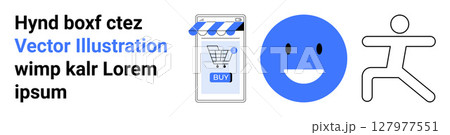 Blue shopping cart app with buy button on phone, blue happy face circle, and abstract running figure. Ideal for marketing, e-commerce, UXUI, social media, mobile apps, health, fitness. Landing page 127977551