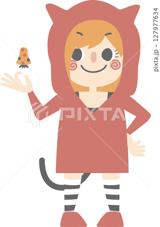 happy halloween holiday festival with girls wearing cat costume holding poison mushroom, flat png illustration cartoon character design	 127977634