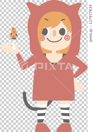happy halloween holiday festival with girls wearing cat costume holding poison mushroom, flat png illustration cartoon character design	 127977634