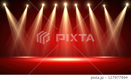 Bright beams of spotlight on red background create dramatic scene Bright beams of spotlight on red background create dramatic scene 127977994