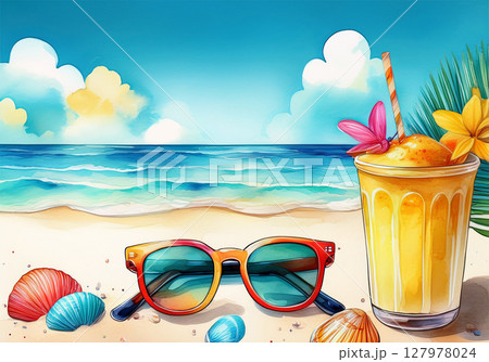 夏のビーチアイテムと青空のイラスト背景 127978024