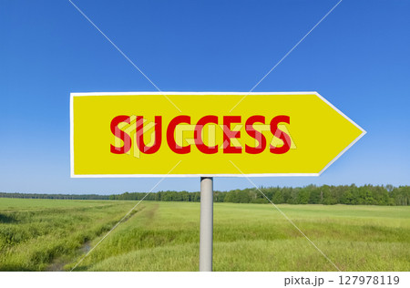 Success symbol. Concept word Success on beautiful yellow road sign. Beautiful blue sky green grass and forest peaceful nature background. Business success concept. Copy space. Success symbol. Concept word Success on beautiful yellow road sign. Beautiful blue sky green grass and forest peaceful nature background. Business success concept. Copy space. 127978119