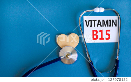 Vitamin B15 pantothenic acid symbol. Concept words Vitamin B15 on beautiful white card. Wooden heart and stethoscope. Beautiful blue background. Medical healthy lifestyle Vitamin B15 concept. Vitamin B15 pantothenic acid symbol. Concept words Vitamin B15 on beautiful white card. Wooden heart and stethoscope. Beautiful blue background. Medical healthy lifestyle Vitamin B15 concept. 127978122