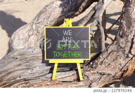 We are better together symbol. Concept words phrase We are better together on beautiful black blackboard. Beautiful old tree background. Business We are better together concept. Copy space. 127978148