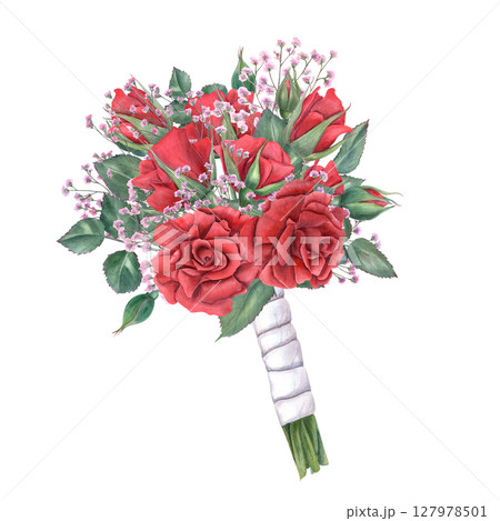 Romantic watercolor wedding bouquet with red roses and delicate gypsophila, tied with white satin ribbon. Floral illustration isolated background. Composition for bridal invitation, love decor 127978501