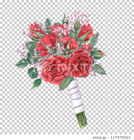 Romantic watercolor wedding bouquet with red roses and delicate gypsophila, tied with white satin ribbon. Floral illustration isolated background. Composition for bridal invitation, love decor 127978501