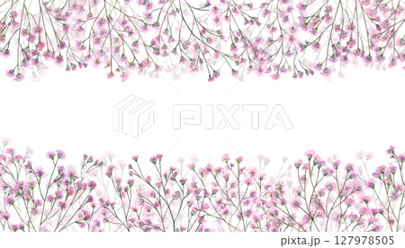 Pink gypsophila watercolor horizontal frame isolated background. Hand painted baby breath flowers border with blank ty space for text. For wedding invitations, romantic greeting cards 127978505