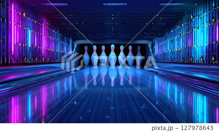 A glowing bowling alley with a full rack of pins ready for a strike, illuminated in vibrant neon lights. A perfect setting for a fun night. 127978643