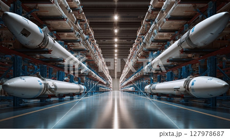 Rows of white missiles are stored in a large warehouse, ready for deployment. Futuristic defense concept. Staged missiles align for transport. 127978687