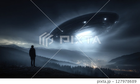 A solitary figure gazes at a mysterious flying...のイラスト素材 [127978689 ...