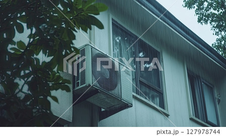 Outdoor air conditioner on residential building wall in heavy rain with green leaves in foreground Outdoor air conditioner on residential building wall in heavy rain with green leaves in foreground 127978744