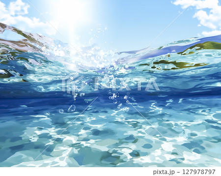 海中から太陽を見上げたイラスト素材　アニメ風 127978797