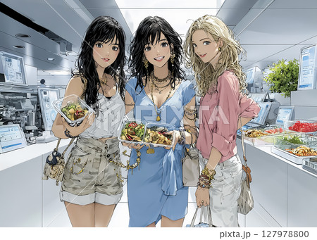 食事を楽しむ女性のイラスト素材 127978800